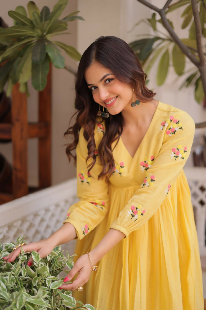 Teeya Creation Womens New Summer Wear Cotton Fabric With Embroidered Work Gown Set