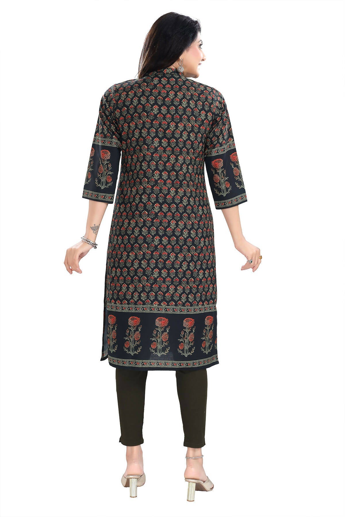 Snehal Creations Breathtaking Black Designer Digital Print Cotton Slub Fabric Long Kurti Tunic