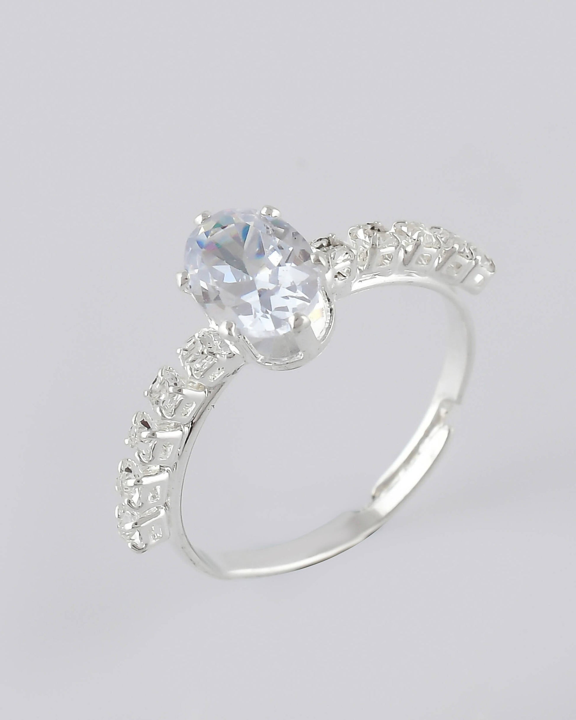 VOJ white CZ-detail Stainless Steel Cubic Zirconia Silver Plated Adjustable Finger Ring 