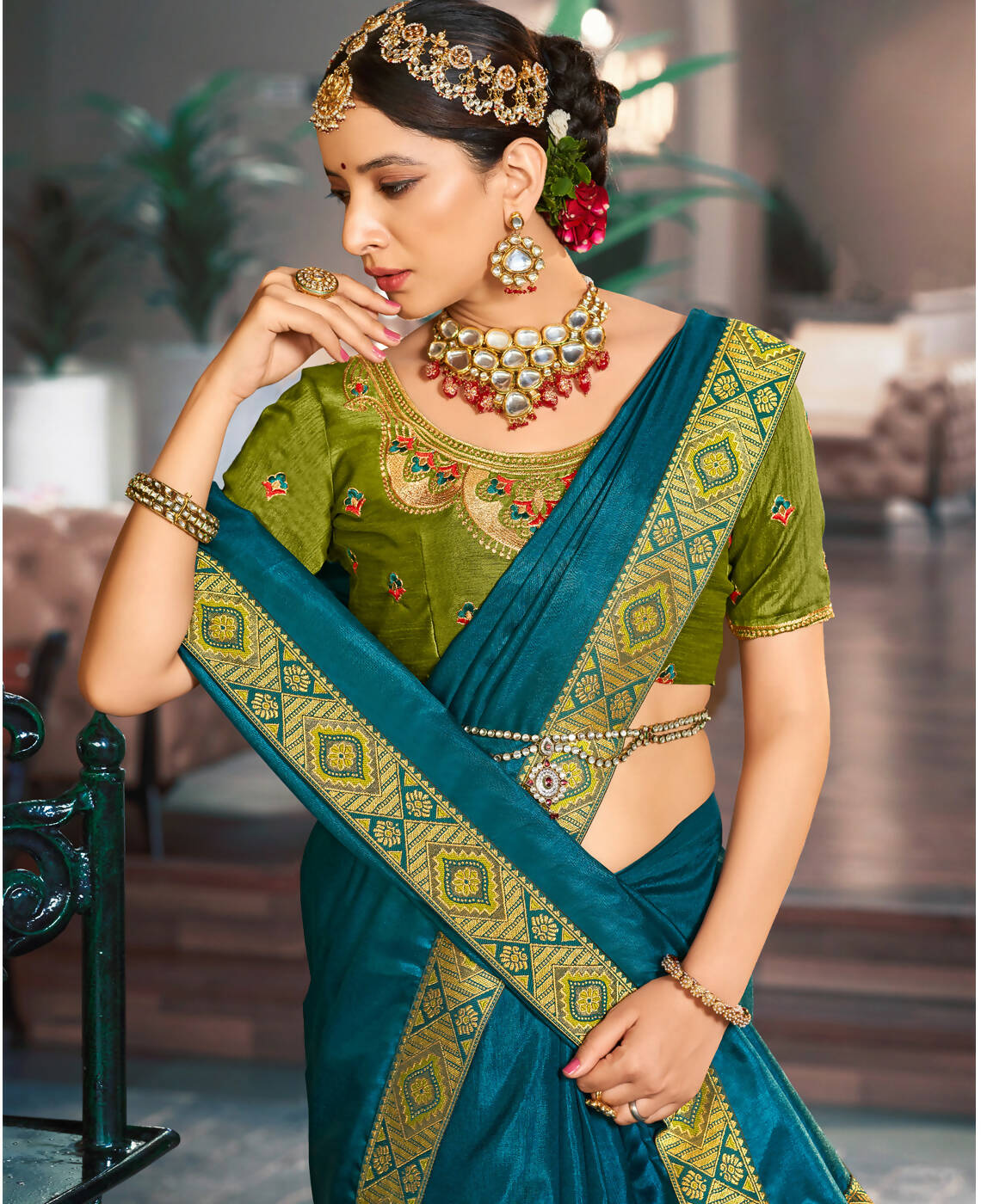 Teal Solid Vichitra Saree With Unstitched Blouse Piece - Selena