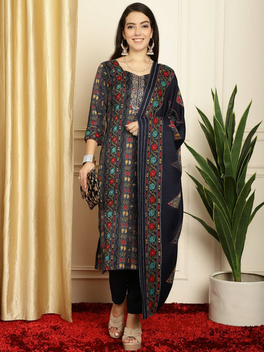 Aastha Fashion Women's Navy Blue Pashmina Floral Digital Printed Kurta with Trouser & Dupatta - Grab2buy