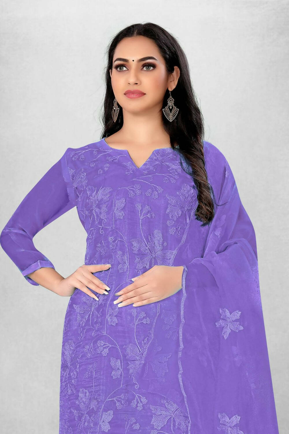 Lavender Heavy Organza Silk Embroidered Unstitched Dress Material - Amara