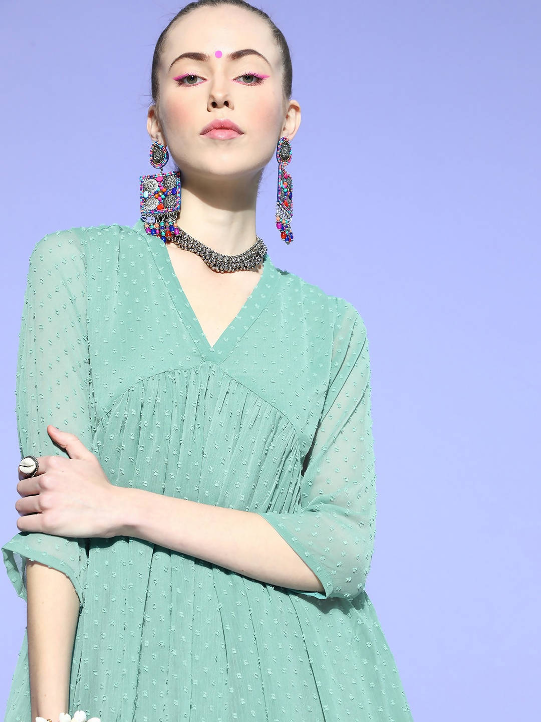 Janasya Women Green Woven Design Dobby Weave Kurta