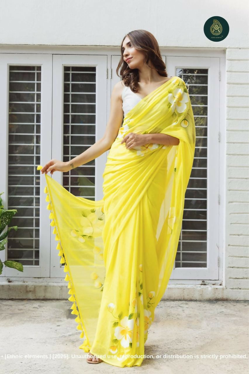 Exclusive Collection Beautiful Yellow Pure Cotton Hand Print Handloom Grab2Buy With Running Blouse Piece 