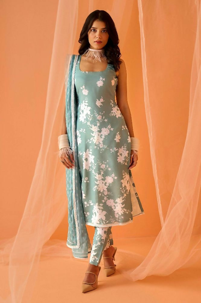 Teeya Creation Sea Green Color Designer Chinnon Silk Digital Print Kurt