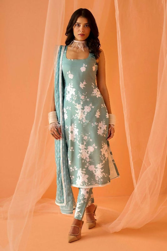 Teeya Creation Sea Green Color Designer Chinnon Silk Digital Print Kurt