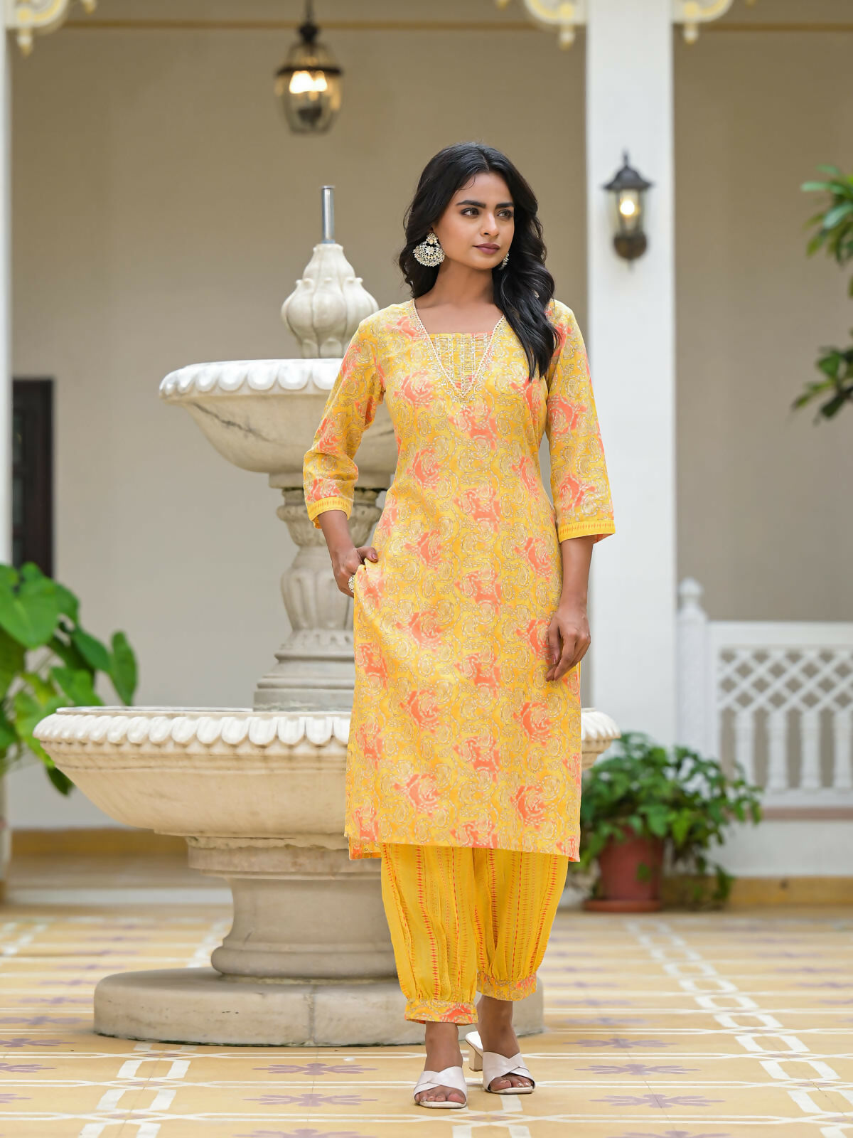 Juniper Women's Yellow Ethnic Motif Printed Cotton Kurta Pant With Dupatta Set With Sequins & Lace