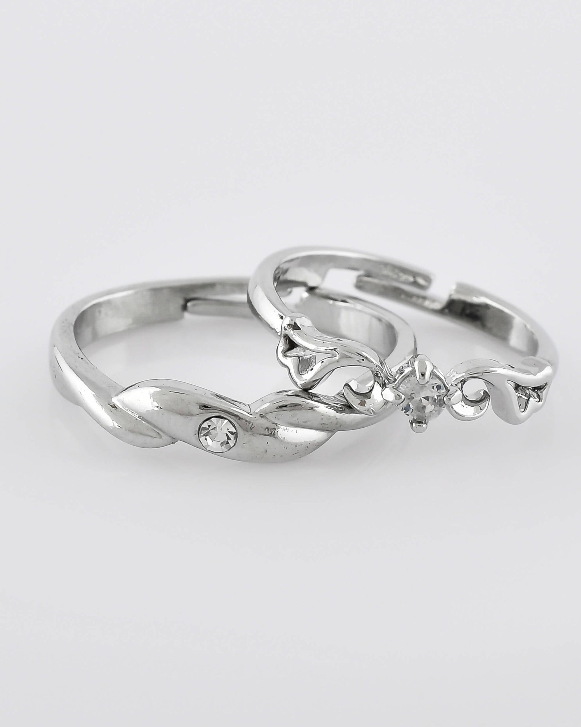 VOJ Stainless Steel Cubic Zirconia Silver Plated Adjustable Ring Set for Couple 