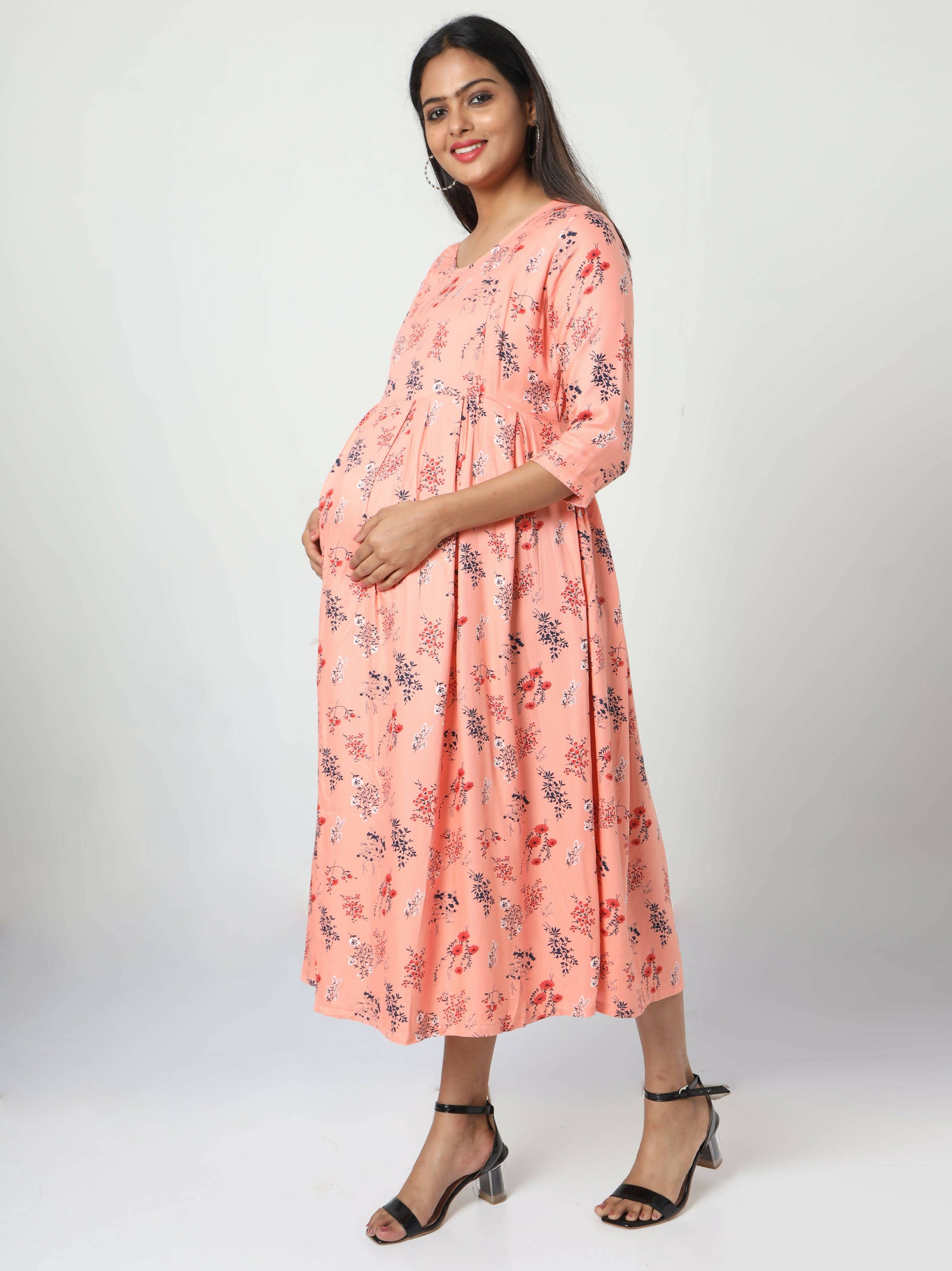 Manet Three Fourth Maternity Dress Floral Print With Concealed Zipper Nursing Access - Orange