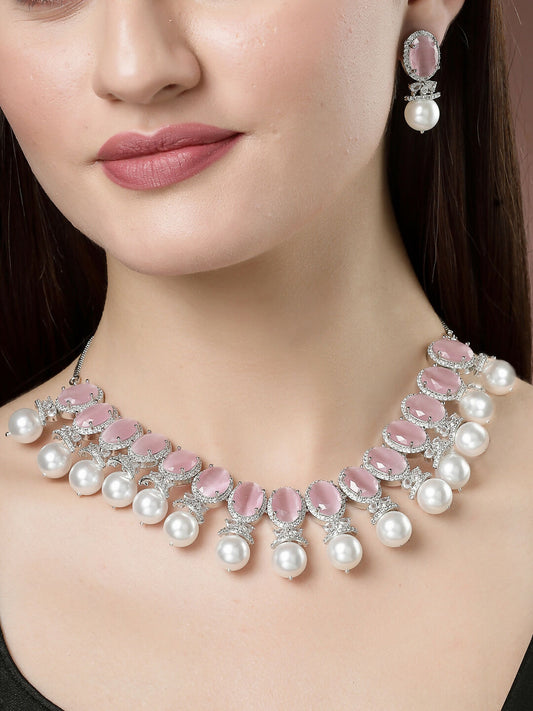 NVR Women's Silver-Plated Pink American Diamond Studded Handcrafted Jewellery Set - Grab2buy