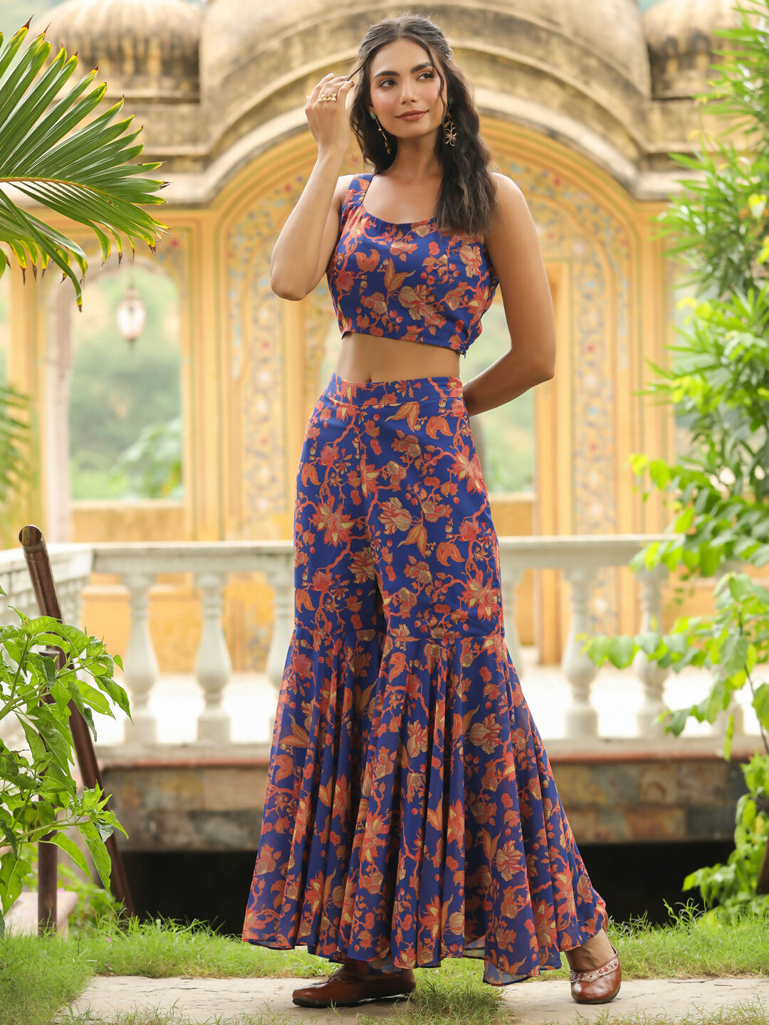 Janasya Navy Blue Georgette Floral Top,Bottom & Jacket 