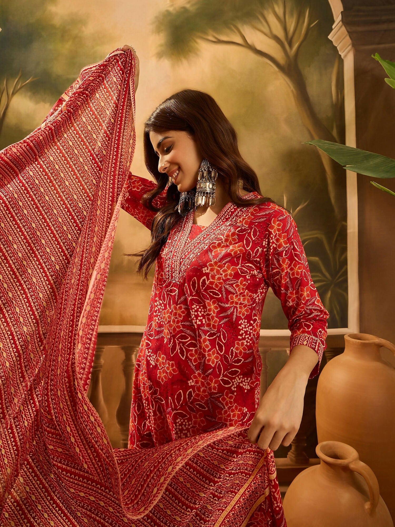 Joban Fashion Printed Red Pure Cotton Kurta Set