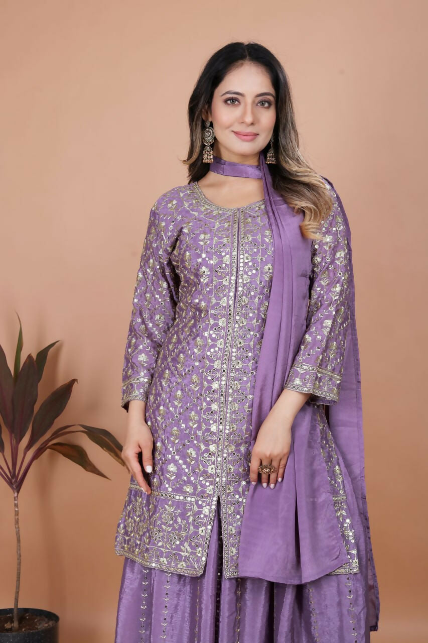 Teeya Creation Lavender Chinon Embroidery Work Party Wear Palazzo Suit