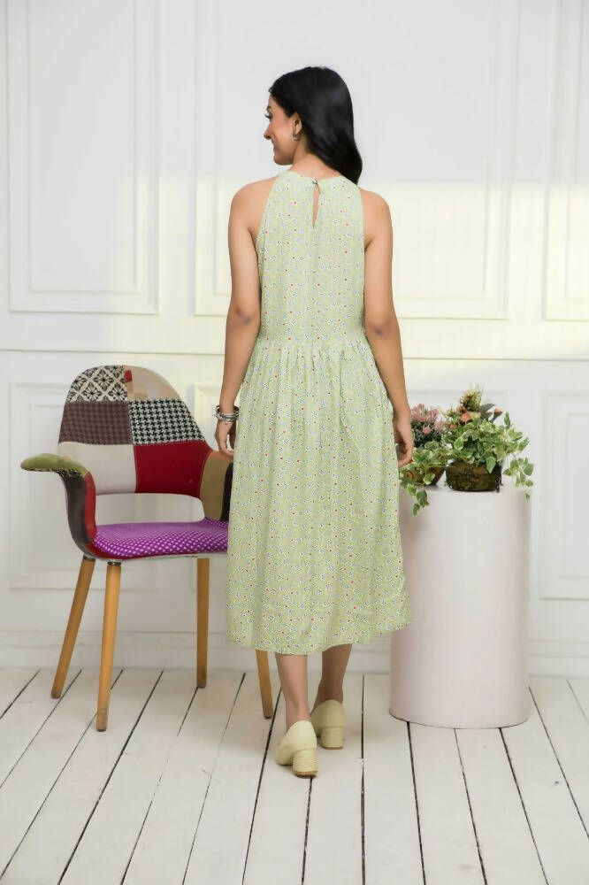 Myshka Women Ethnic Motifs Rayon A-Line Round Neck Green Dress