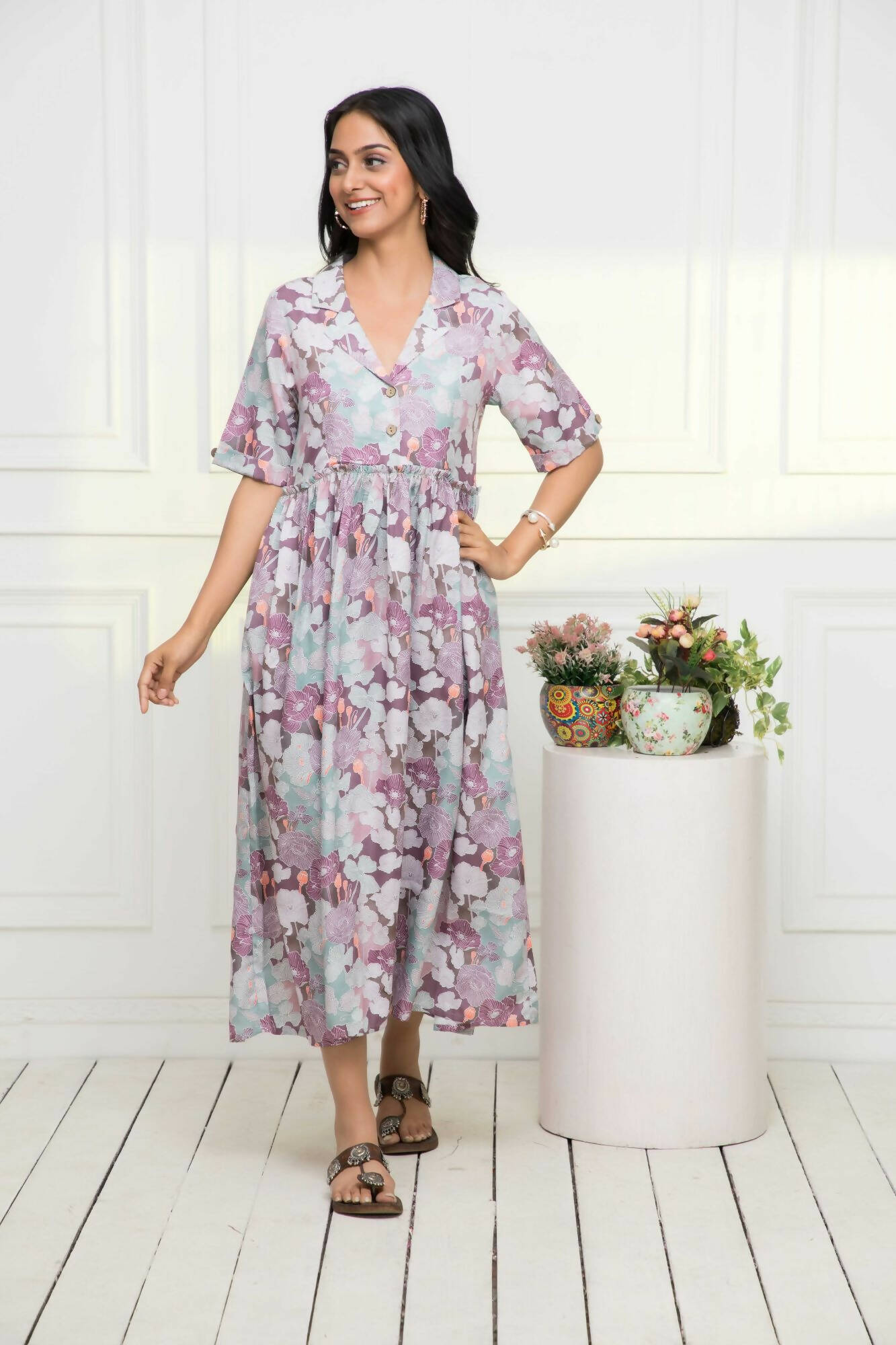 Myshka Women Multi-Floral Rayon A-Line V-Neck Dress