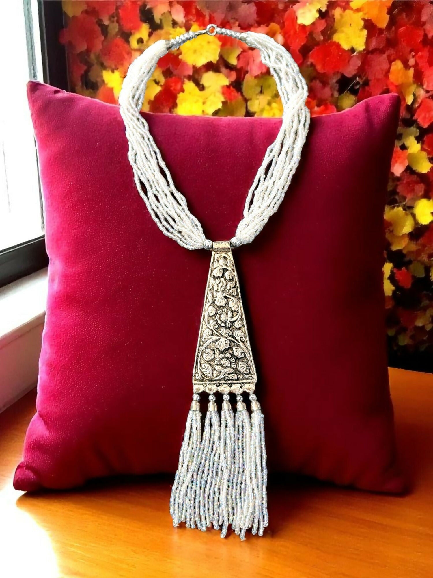 Inhanns Day-To-Dinner Tie Shaped Oxidized Black Metal Multi-Layered Long Necklace Set - White