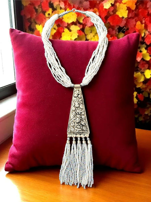 Inhanns Day-To-Dinner Tie Shaped Oxidized Black Metal Multi-Layered Long Necklace Set - White