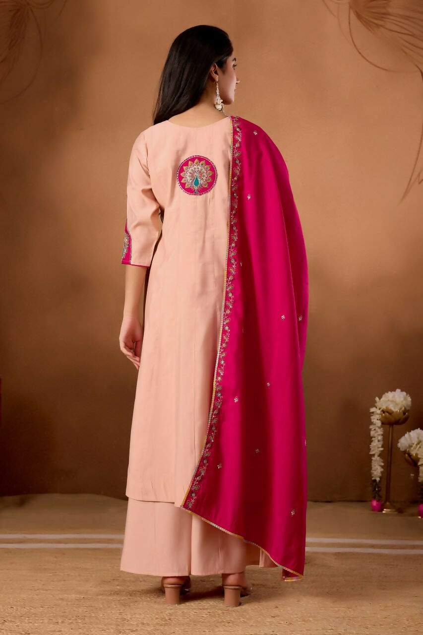Lehenga Mart Designer Front-Slit Kurta, Paired With Wide-Leg Palazzo Pants And A Dupatta.-Peach