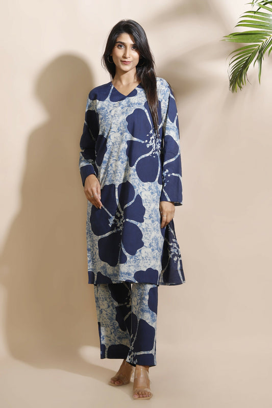Breathables Women’S Loungewear Long Kurta Co-Ord Set Cotton Blue Floral Print