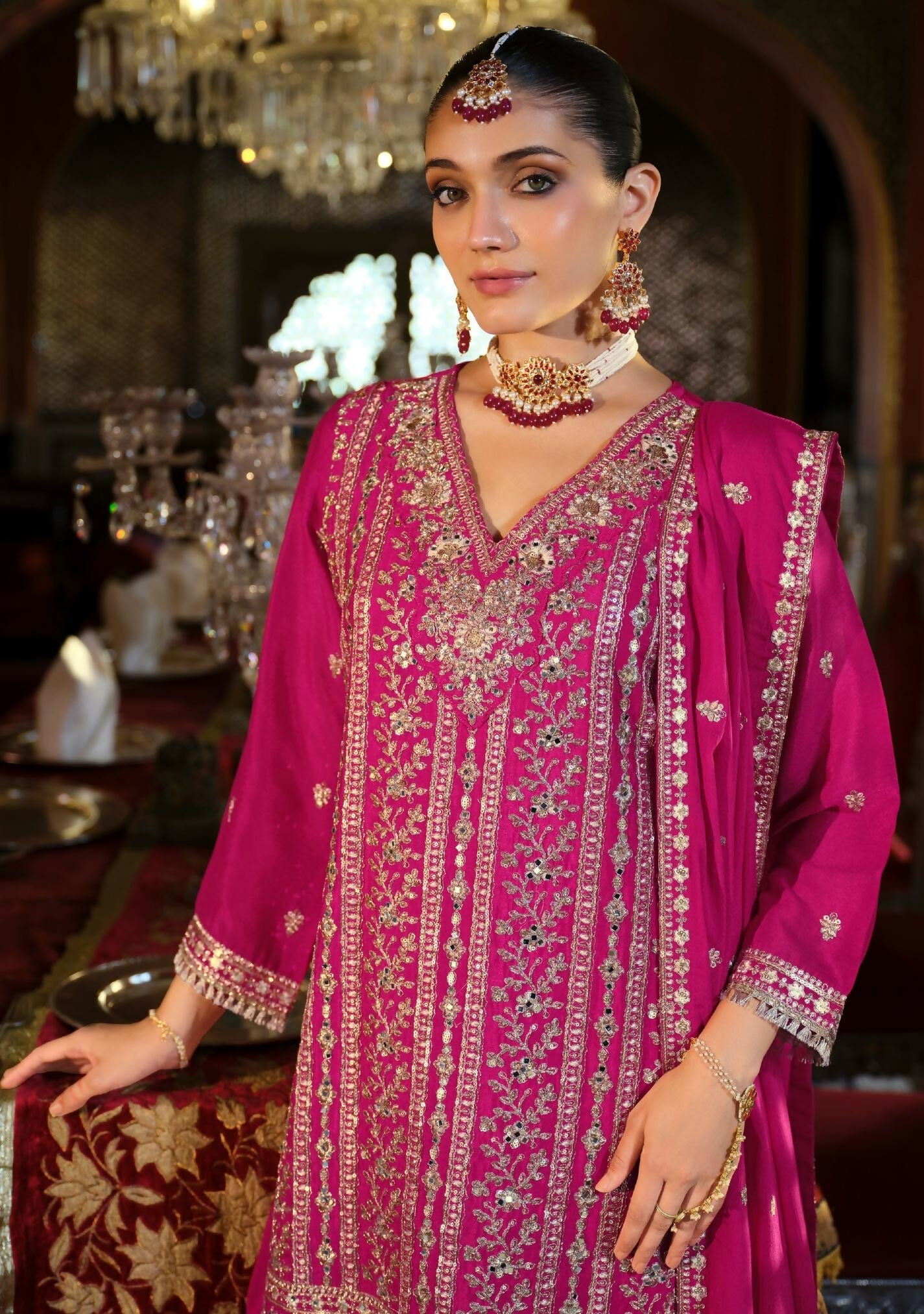Anaita Rani-Pink Heavy Chinon Readymade Palazzo Suit with Heavy Embroidery Work