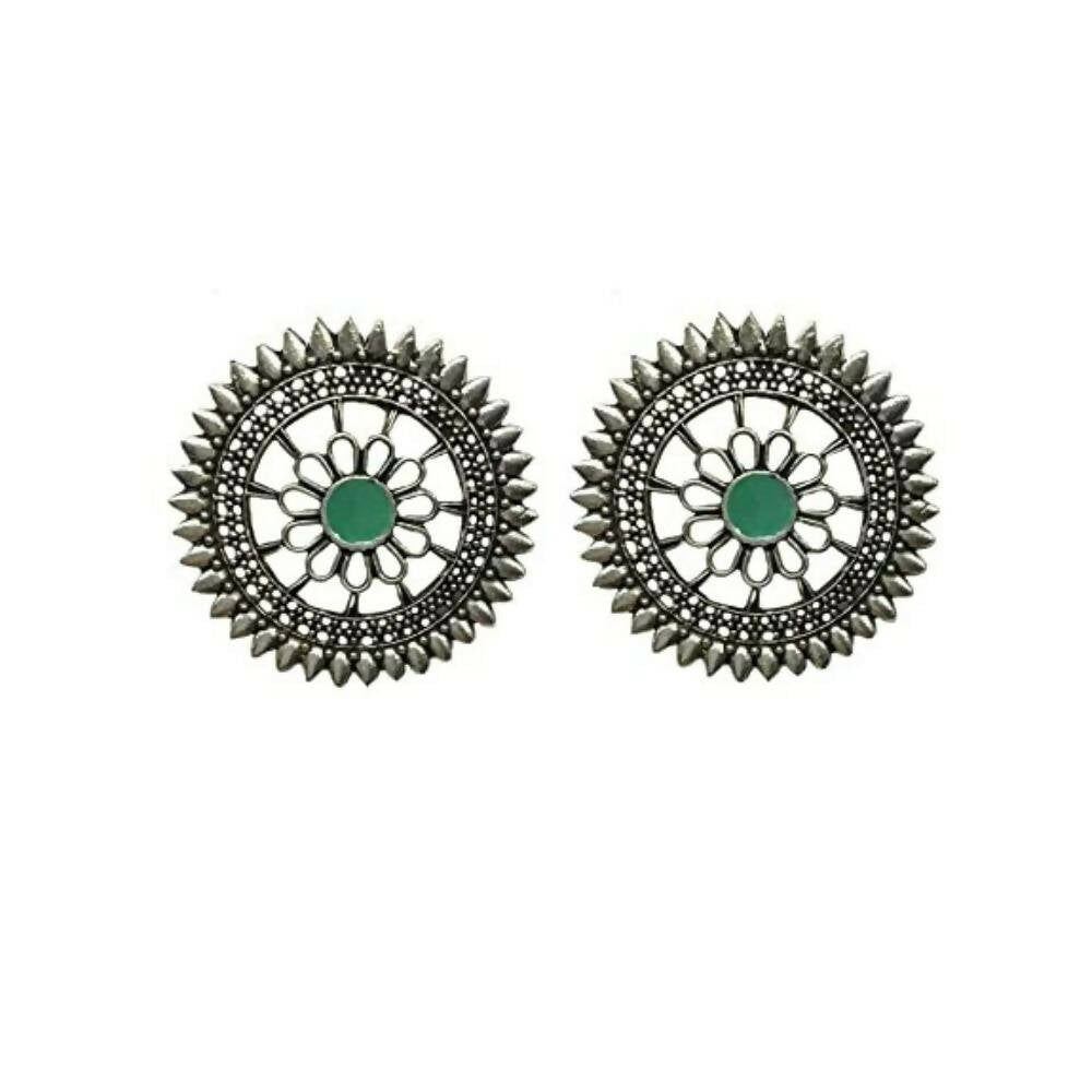 Tiaraa Green Alloy Silver Oxidised Stud Earrings - Grab2buy