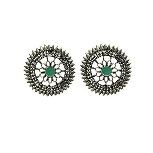 Tiaraa Green Alloy Silver Oxidised Stud Earrings - Grab2buy