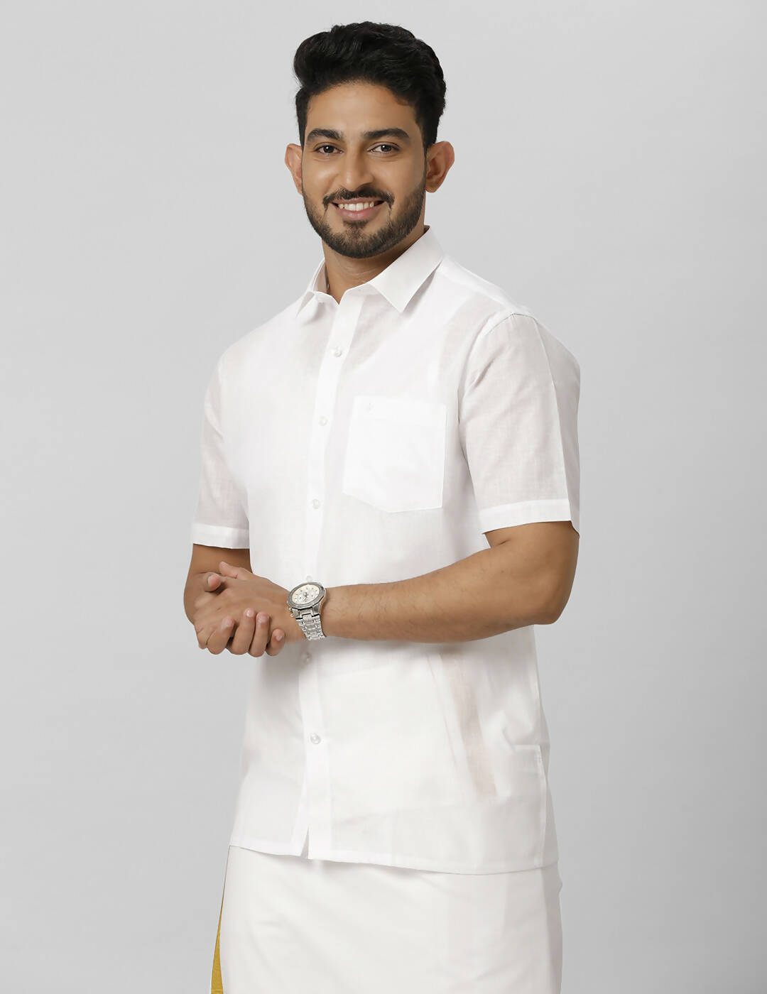 Ramraj Cotton Mens Half Sleeve Formal Poly Cotton White Shirt 