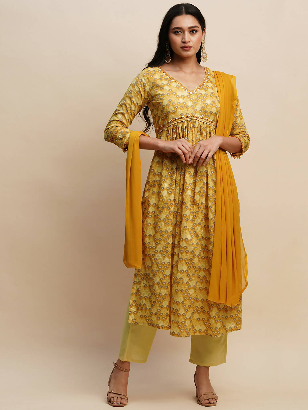 Mustard Pure Cotton Floral Printed Naira Cut Kurta And Bottom With Dupatta - Akashara