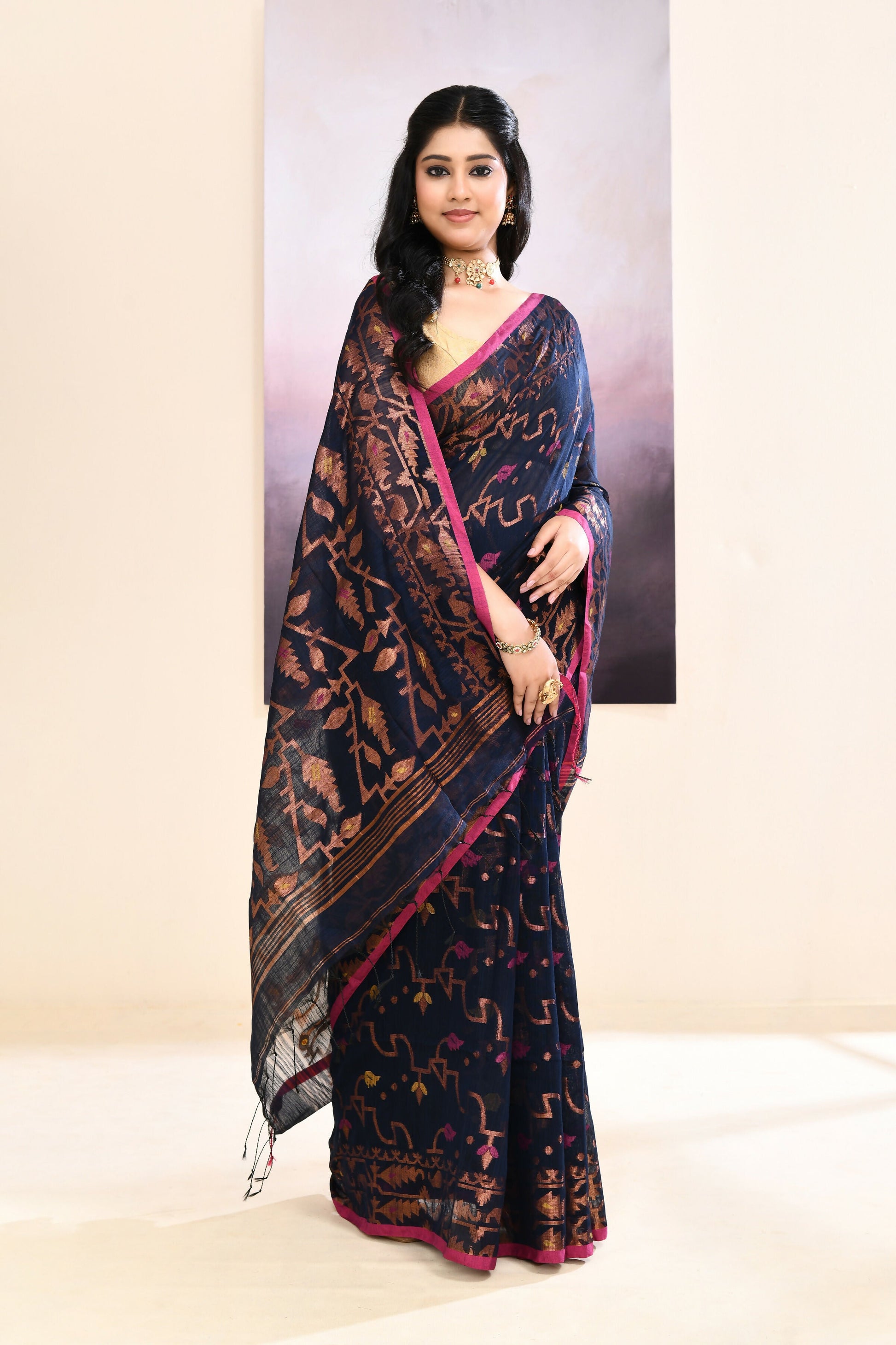 Piyari Fashion Women's Navy Blue Embellished Cotton Blend Jamdani Saree