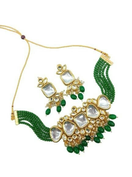 Gold Plated Meenakari Kundan Studded Bridal Green Choker Necklace & Drop Earrings Jewellery Set By House of Ree - Grab2buy