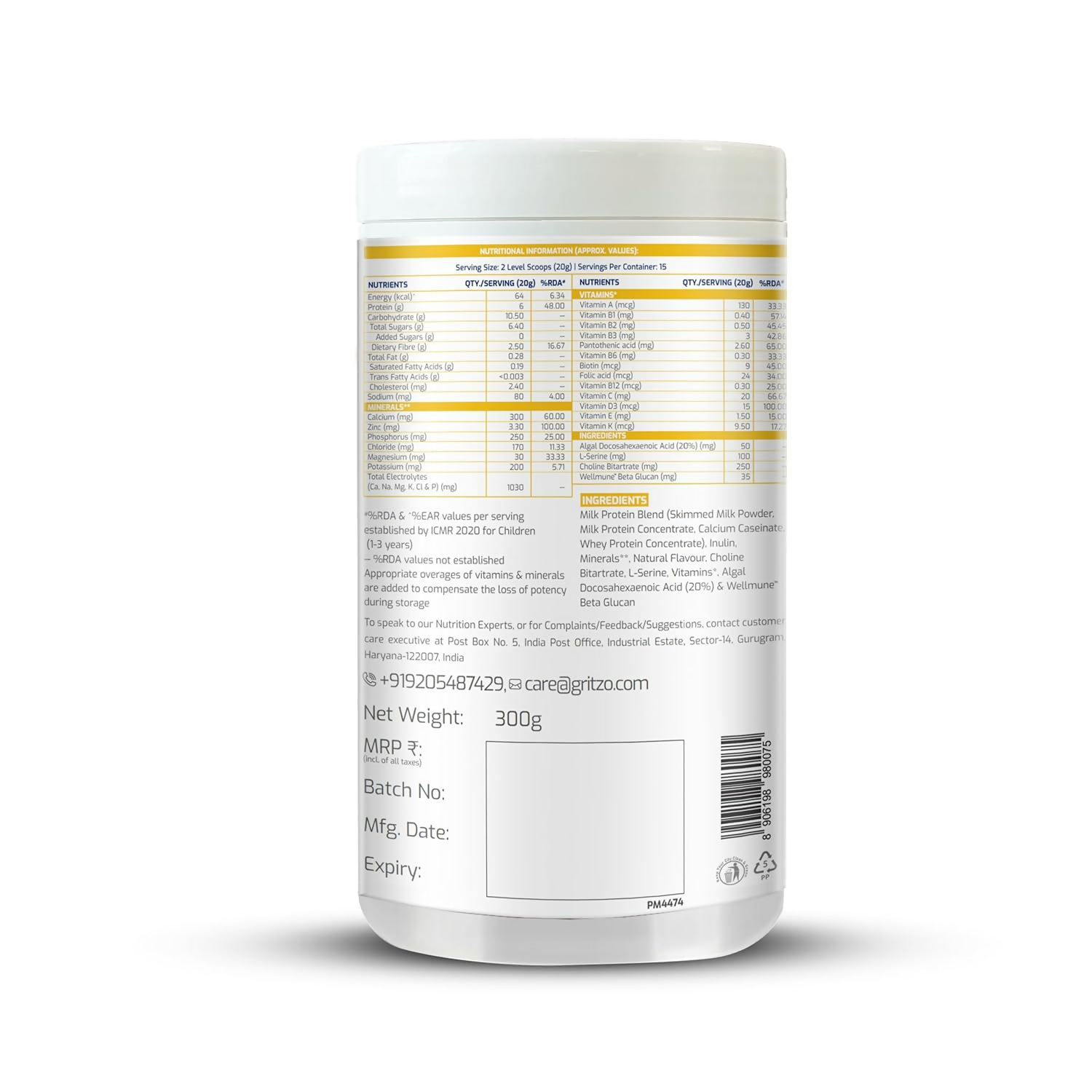 Gritzo SuperMilk Overall Growth (2-6y Boy & Girl) Unsweetened Drink Mix 6g Protein Powder Creamy Vanilla