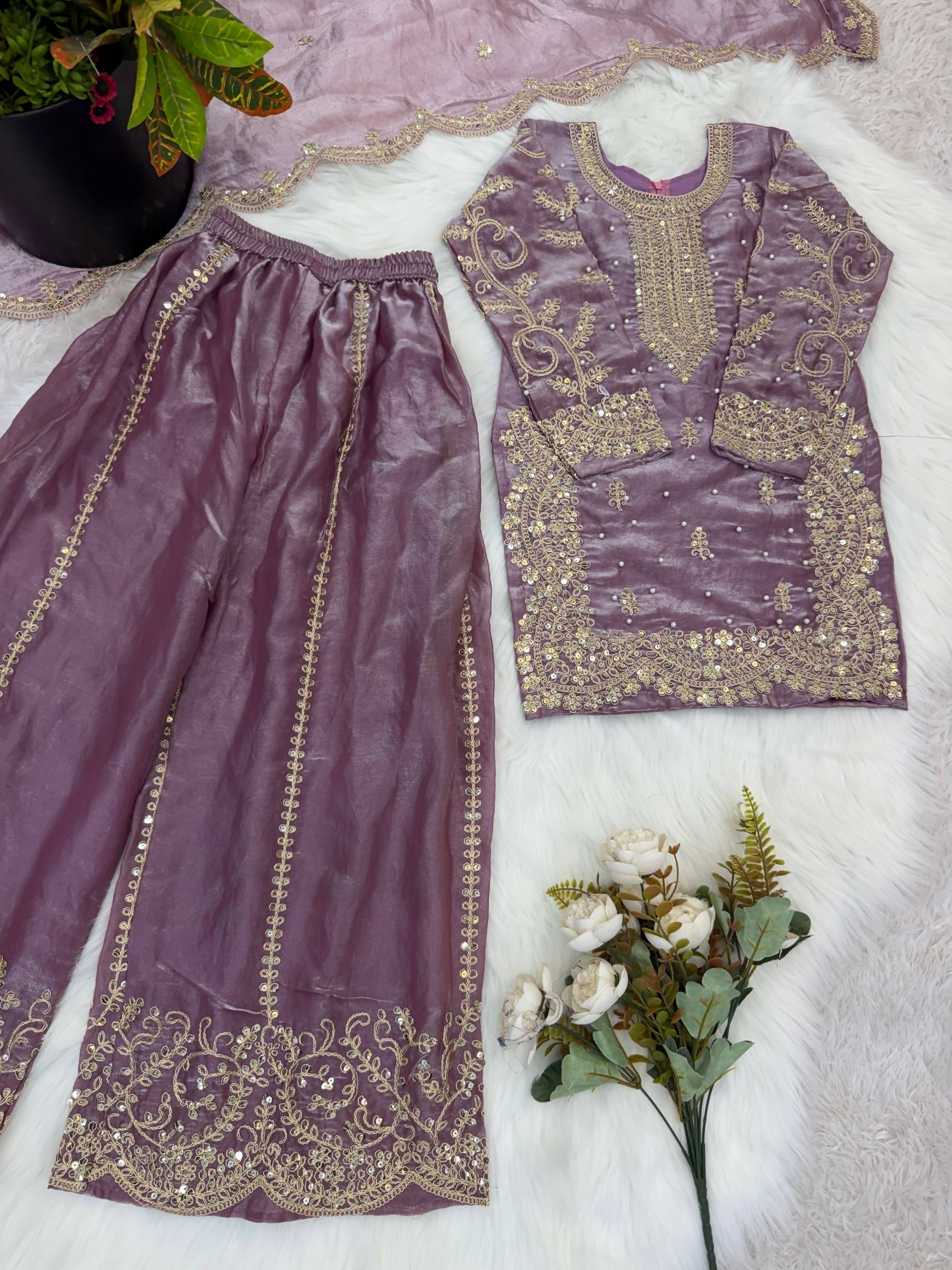 Teeya Creation New Trendy Fully Stitched Ready to Wear Kids Kurta Palazzo Set-Purple
