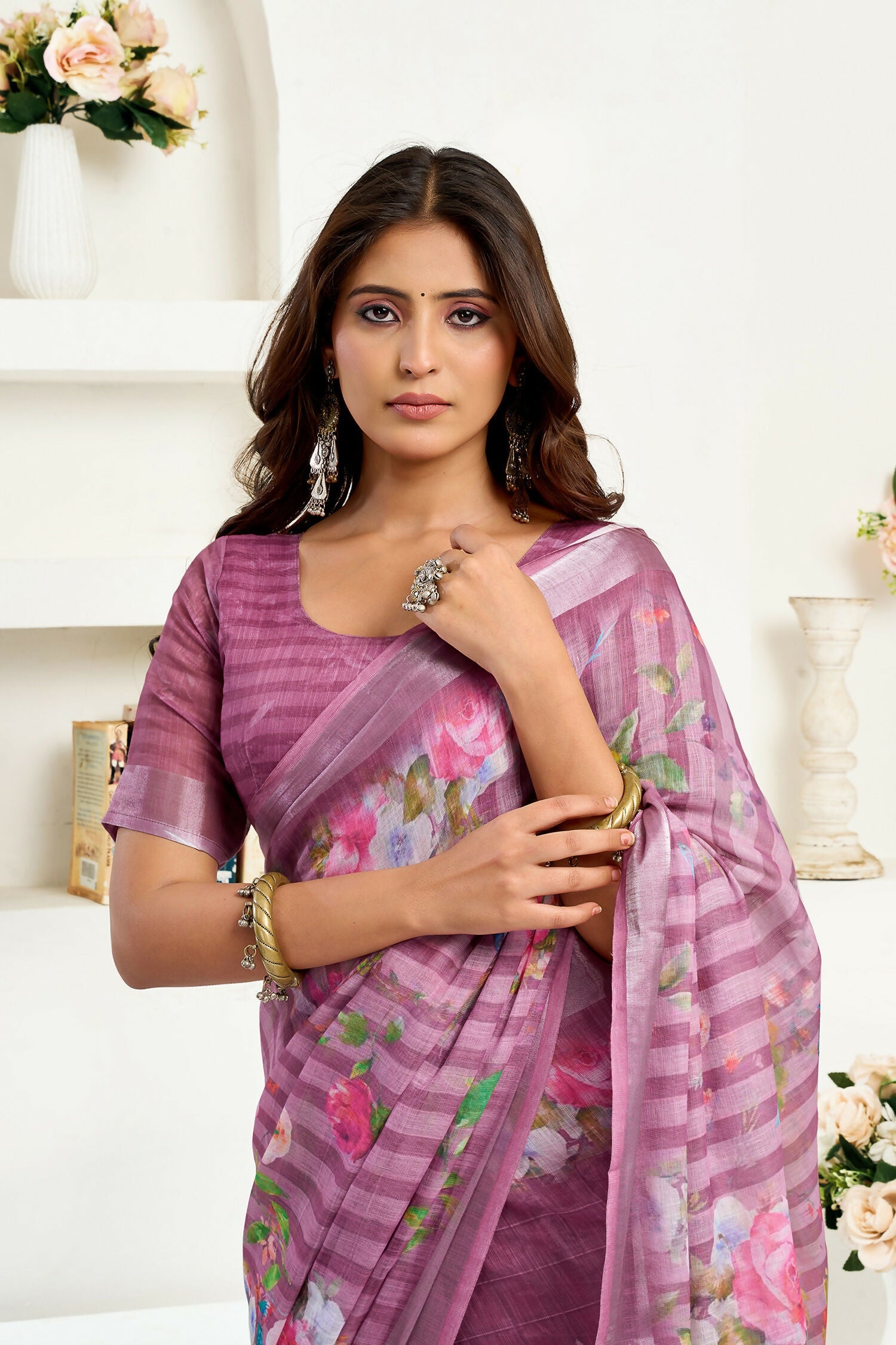 Joban Fashion Dusty Wine Floral & Striped Linen Ready To Wear Saree With Unstitched Blouse