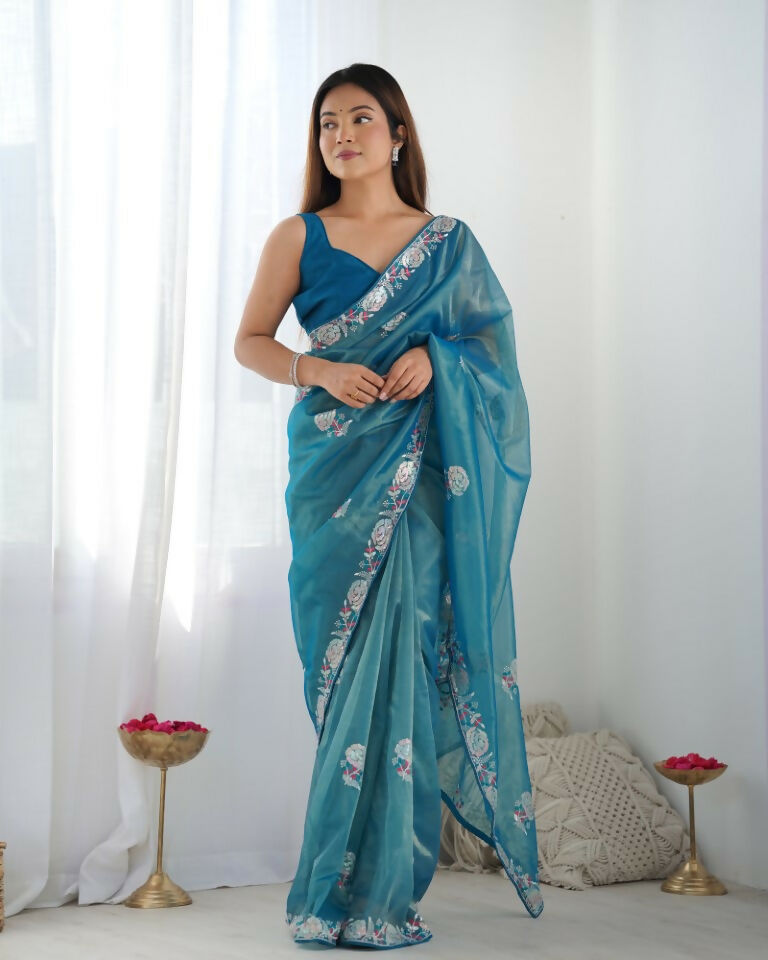 Teal Blue Gold Twill Net Multy Thread, Sequance Embroidery Work Saree - Kriti