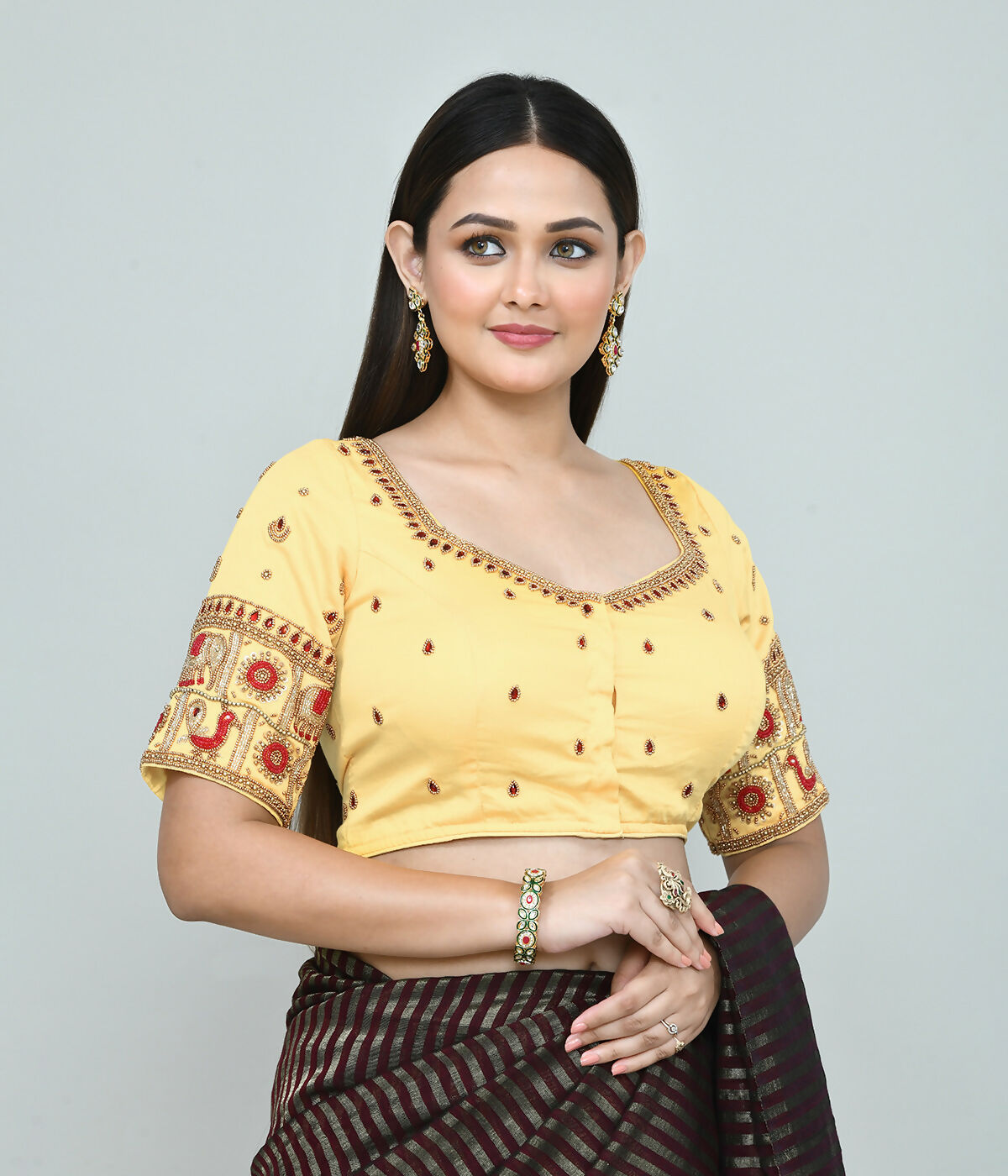 Joban Fashion Women's Light Yellow Embroidered Stitched Blouse