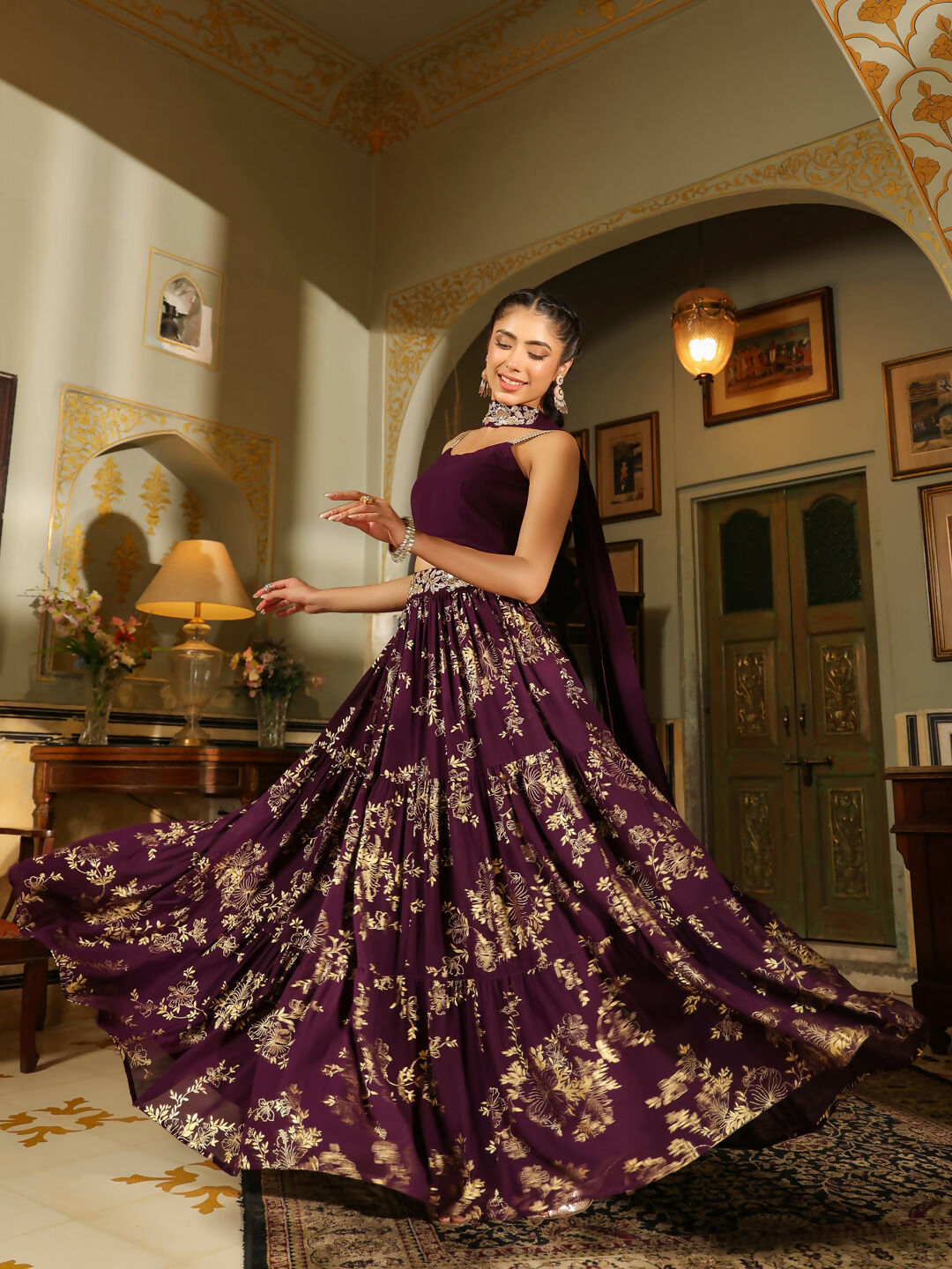 Janasya Purple Georgette Solid Lehenga Choli Dupatta 