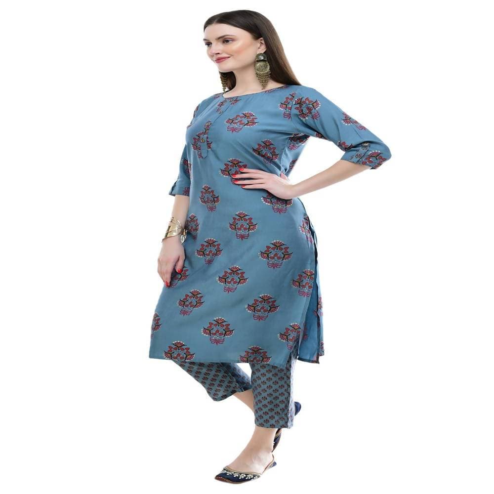 Lagi Women's Turquoise Blue Printed Straight Kurta & Pant (MC39A) 