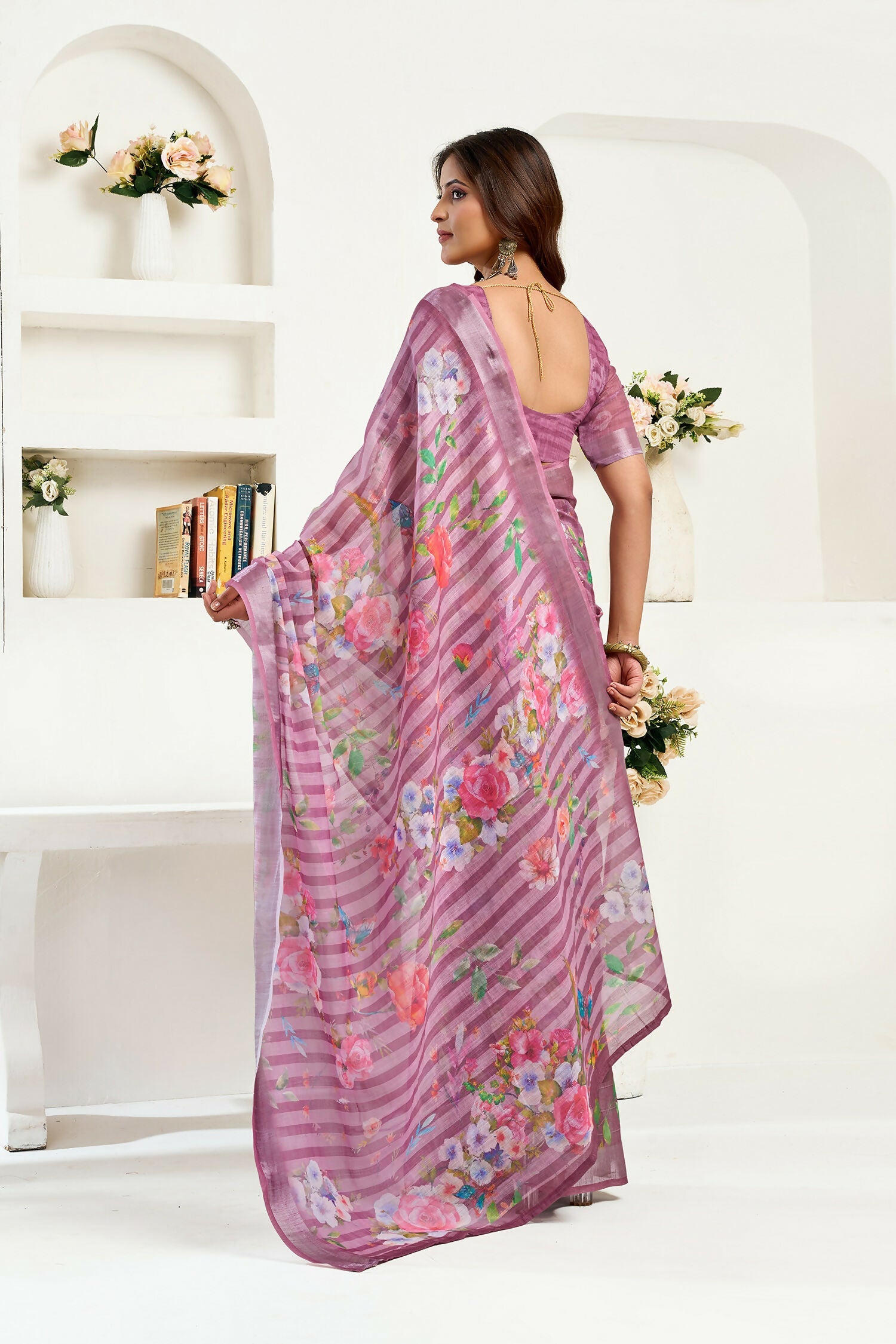 Joban Fashion Dusty Wine Floral & Striped Linen Ready To Wear Saree With Unstitched Blouse