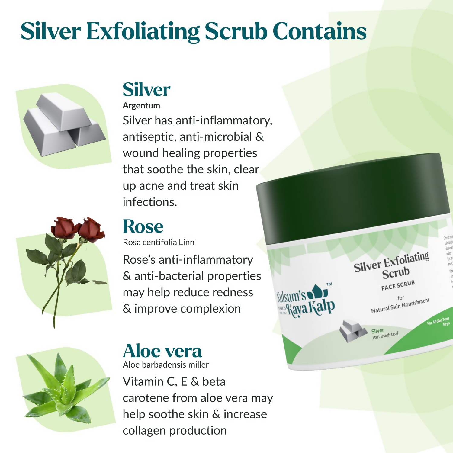 Kulsum's Kaya Kalp Silver Exfoliating Scrub For Skin Nourishment, With Silver Leaf