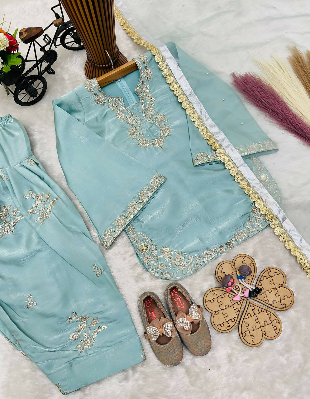 Teeya Creation New Kids Latest Trendy Kurta Palazzo Set-Blue