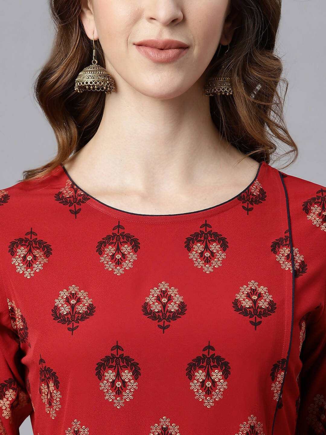 Janasya Women Maroon & Navy Blue Ethnic Motifs Printed Kurta with Trousers