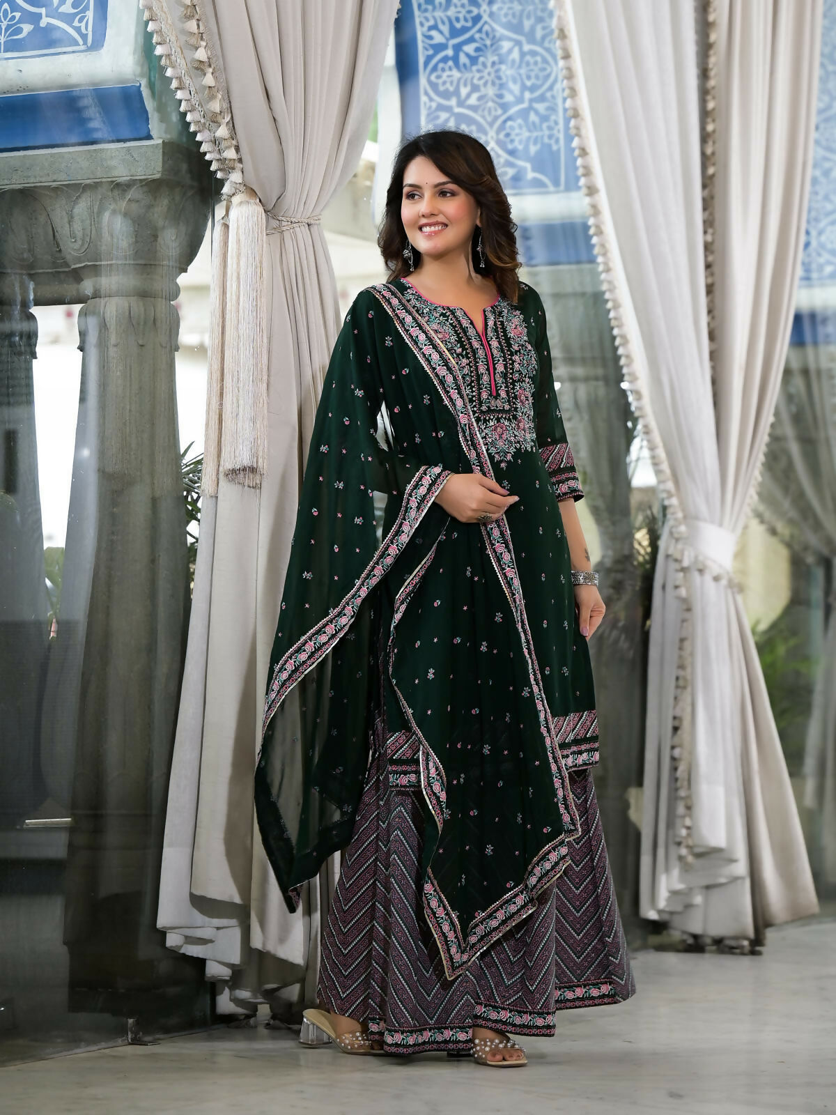 Juniper Women's Green Floral Printed Georgette Kurta Sharara & Dupatta Set With Sequins