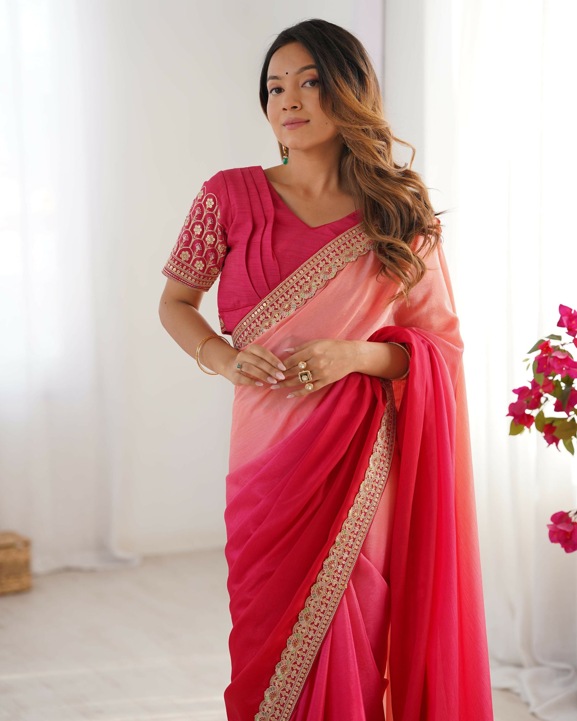Exclusive Collection Red Pink Party Wear Chinon Salk Grab2Buy 