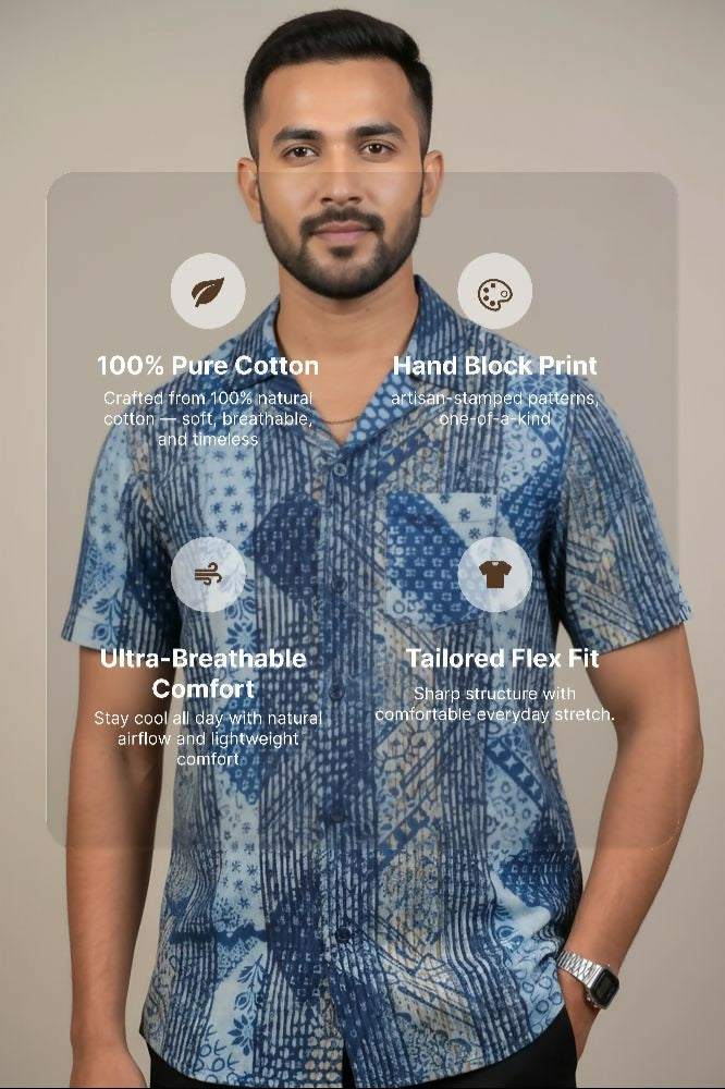 Samudra — Sea Blue Dabu Cotton Shirt by Hilo Design