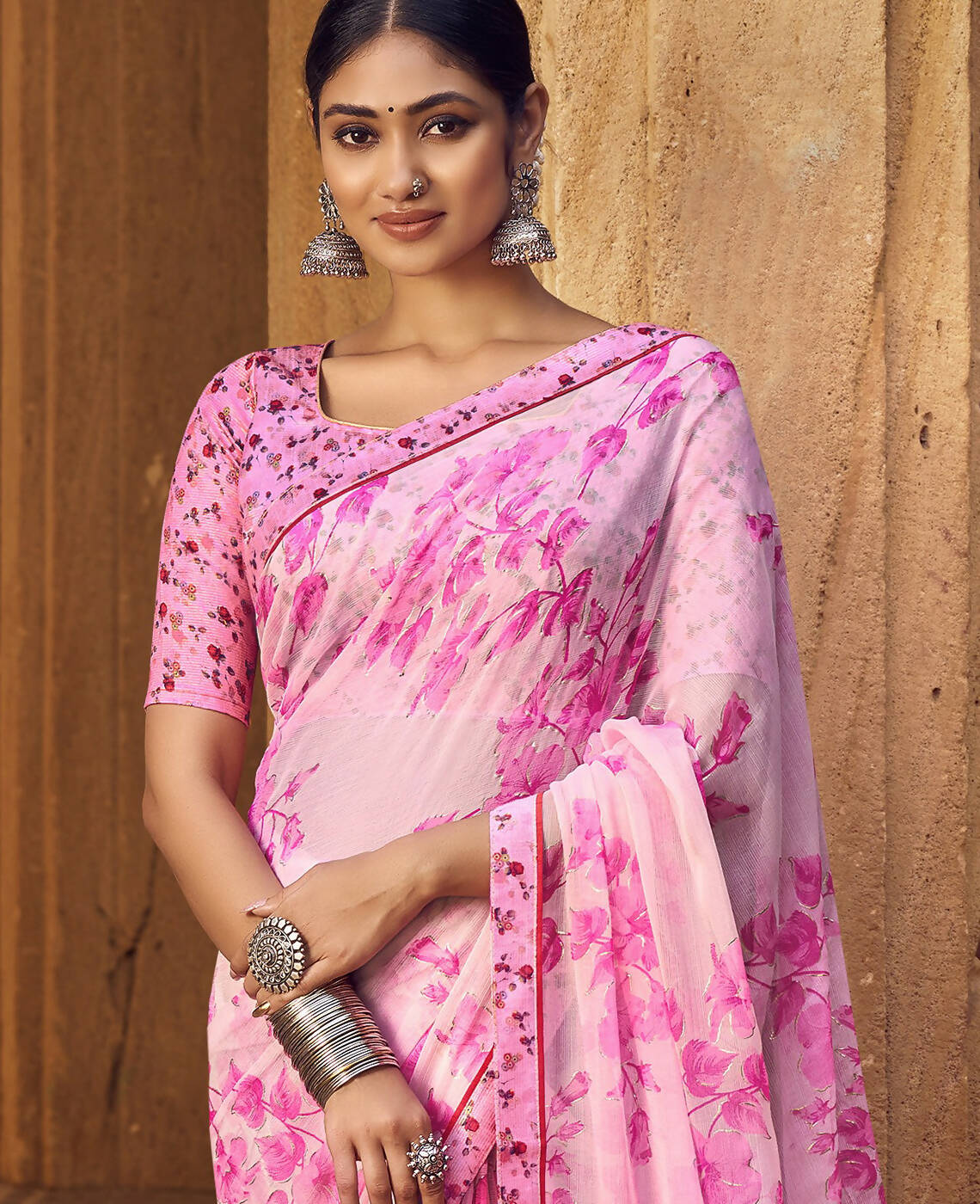 Light Pink Silver Chiffon Printed Saree With Unstitched Blouse Piece - Jyoti