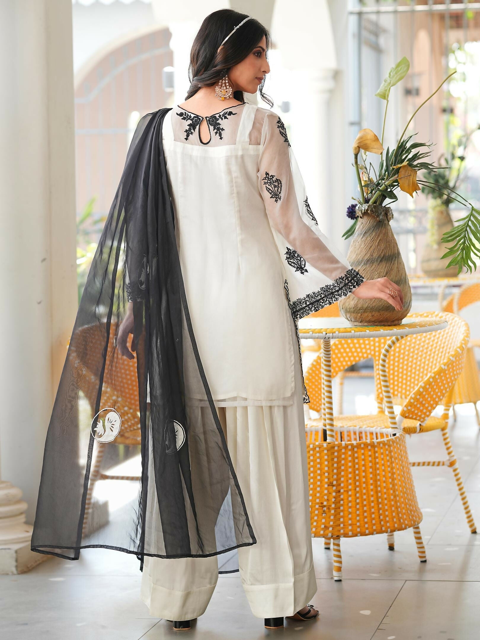 Nikhaar Cream Embroidered Organza Stitched Straight Cut Kurta Farshi Salwar Dupatta Readymade Suit
