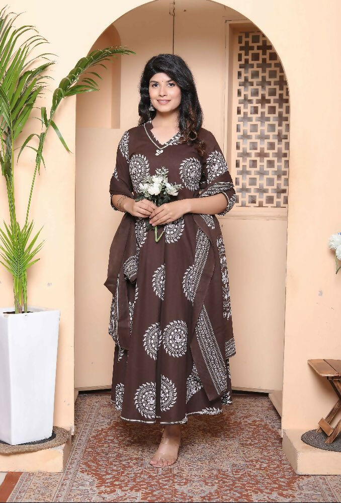 Miravan Womens Brown Animal Printed Anarkali Kurta With Dupatta Set