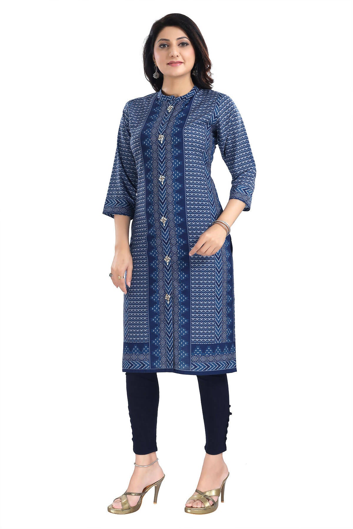 Snehal Creations Blue Designer Digital Print Cotton Slub Fabric Long Kurti Tunic