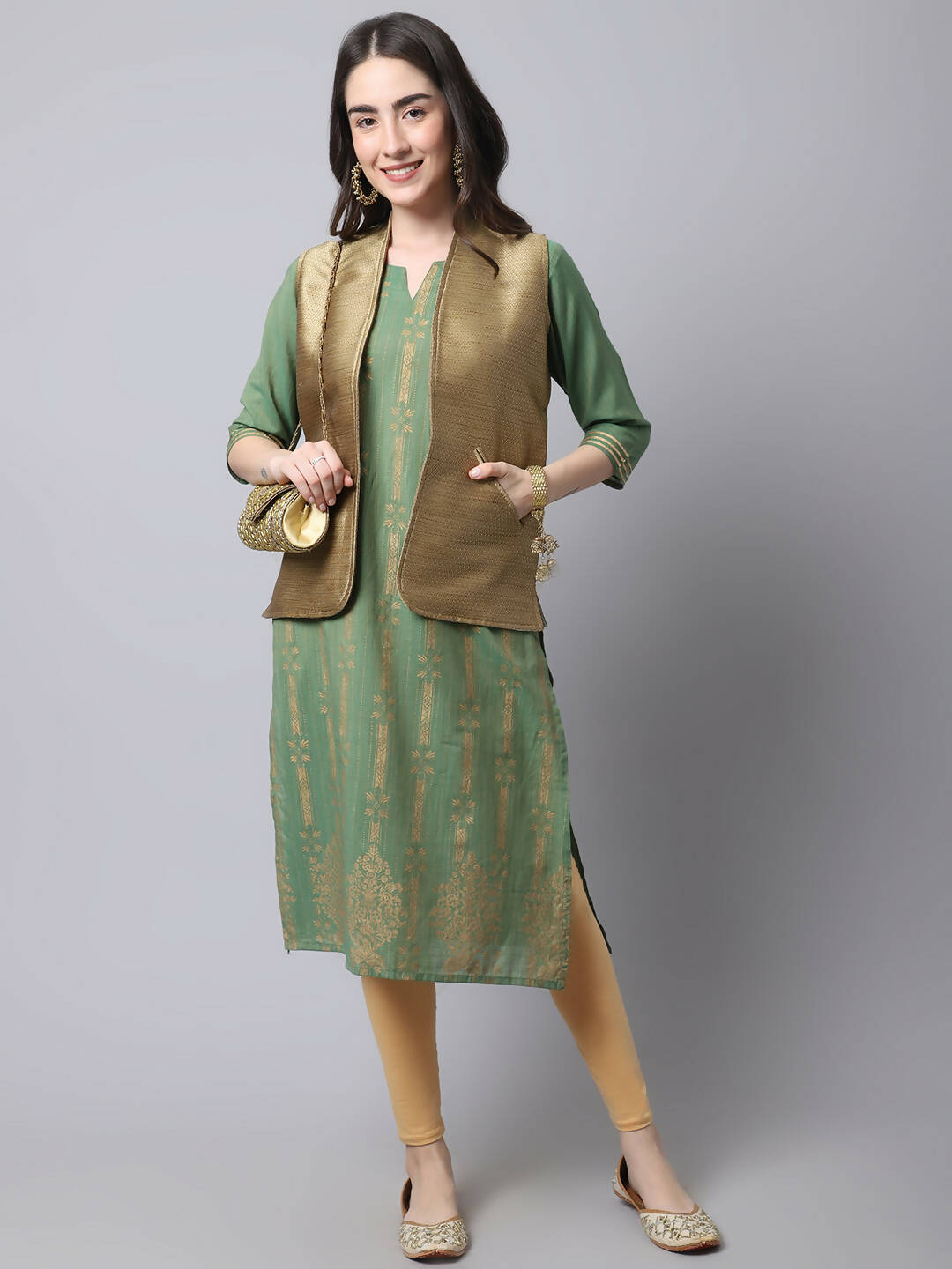 Even Apparels Beige Bansari Silk Open Front Women's Gillet