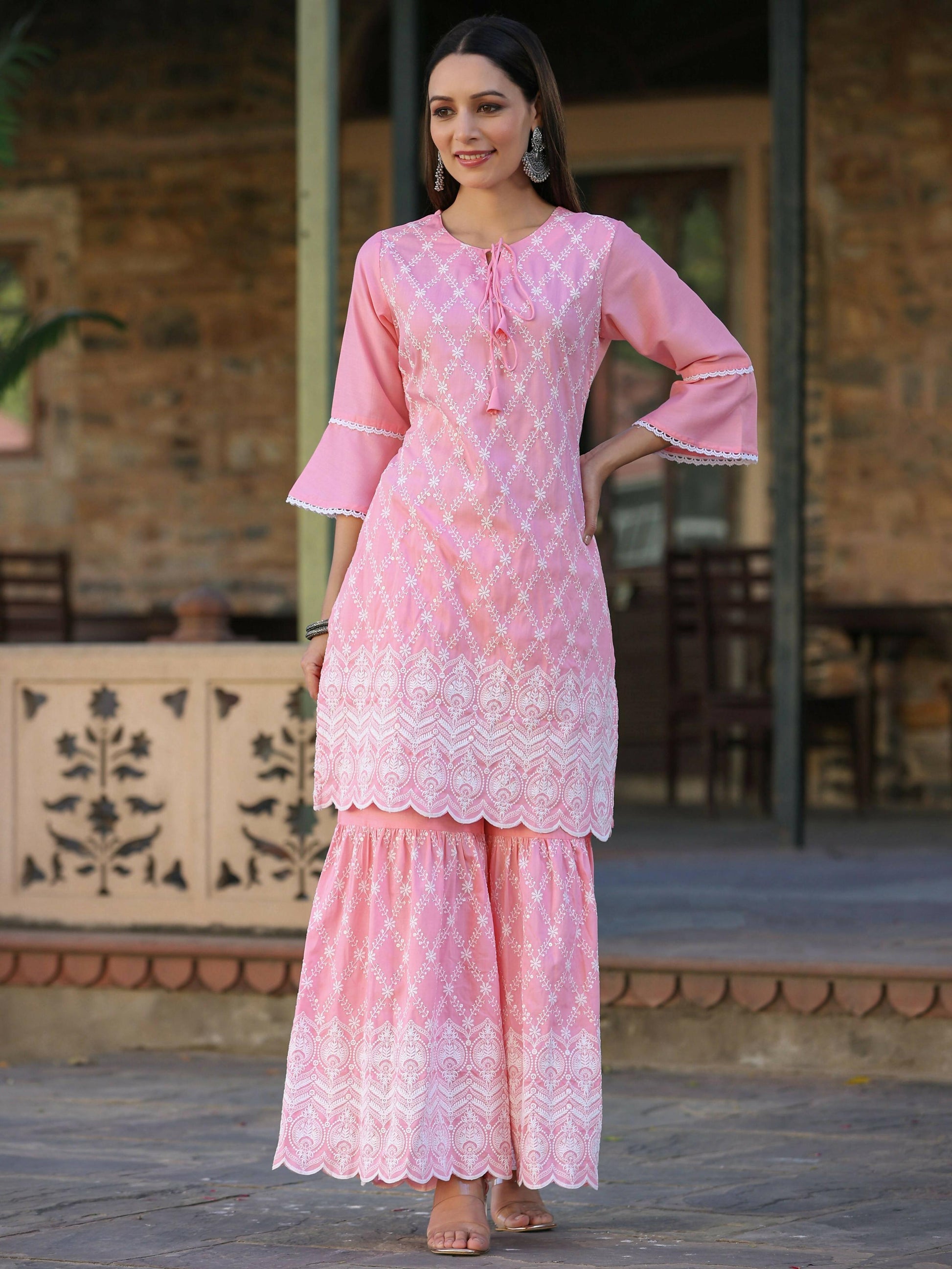 Juniper Women's Pink Chinnon Embroidered Kurta Garara Set
